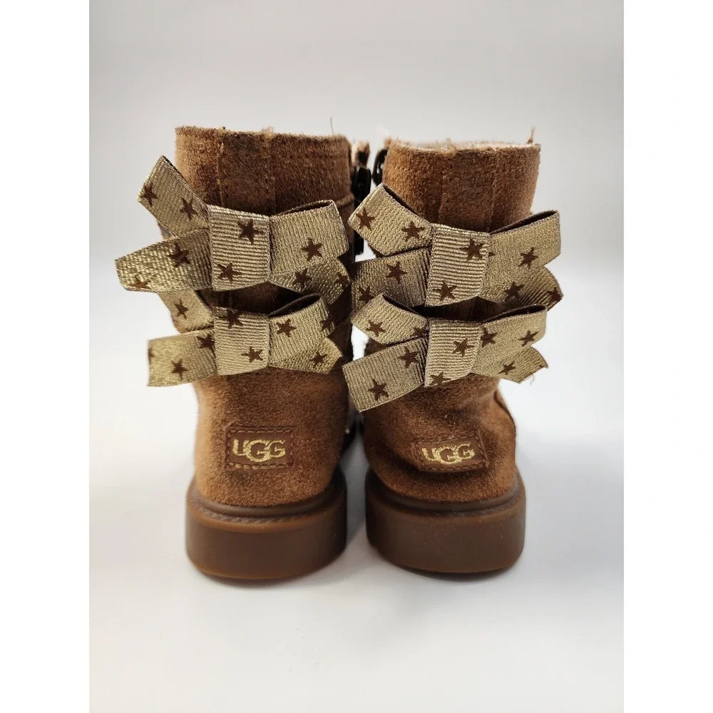 UGG Kids Suede Boots Chestnut Brown Double Gold Star Bows Side Zip Boots